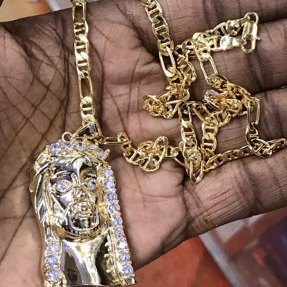 14K Gold Bonded Jesus Piece & Mariner Gucci Chain - Picture 5 of 8
